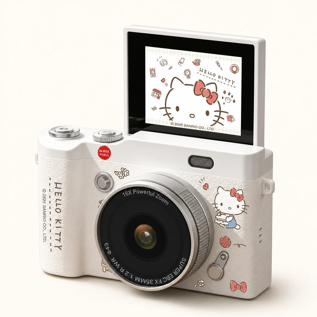 KOOOL Sanrio CCD digital camera - Theme: Kitty · Color: White · Features: 16x + AF + flip screen · Package: No memory card