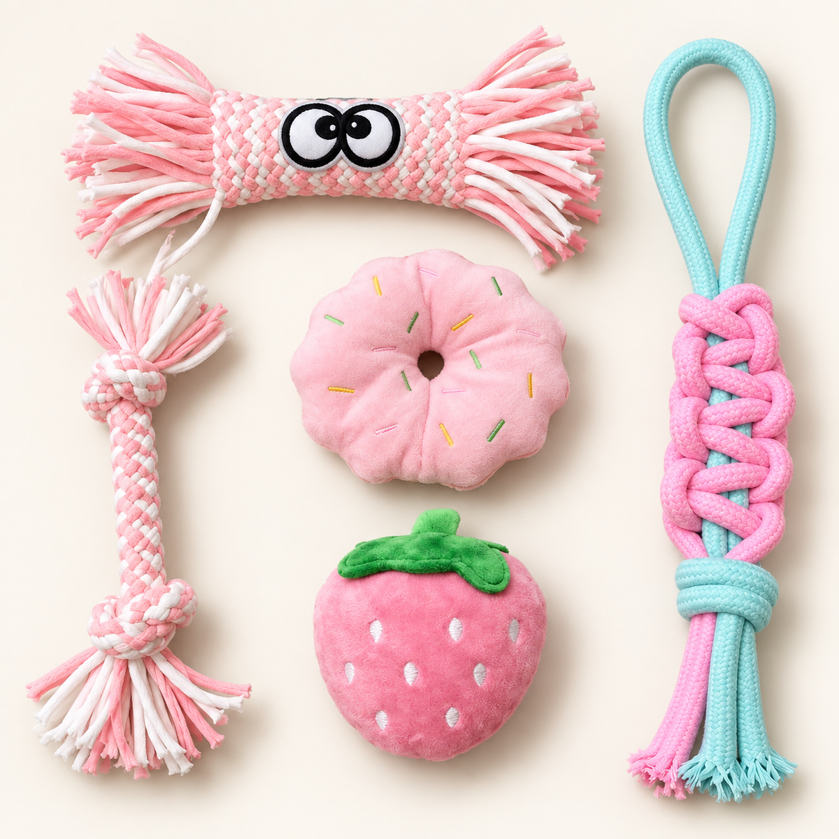 Set of five pink rope toys for dogs